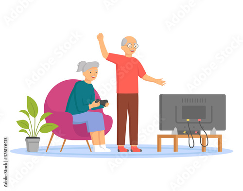 Old man and woman playing video games on playstation together. Elderly couple is playing video game with console controller. Family has modern lifestyle. People play online flat vector illustration