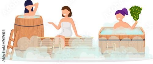 Sauna and steam room. Set of people in sauna. People relax and steam with birch brooms in traditional russian stove for female and male. Finnish bathhouse. Public sauna, Friends in spa resort