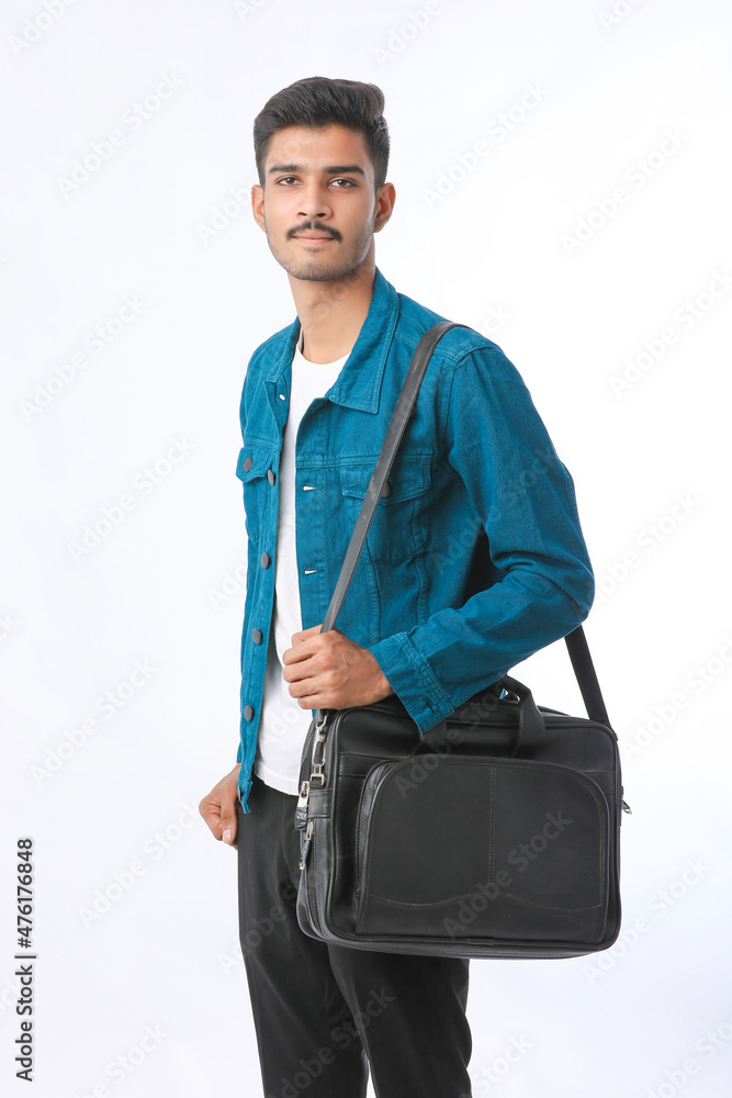 young man with laptop bag on white background young man with laptop bag on white background