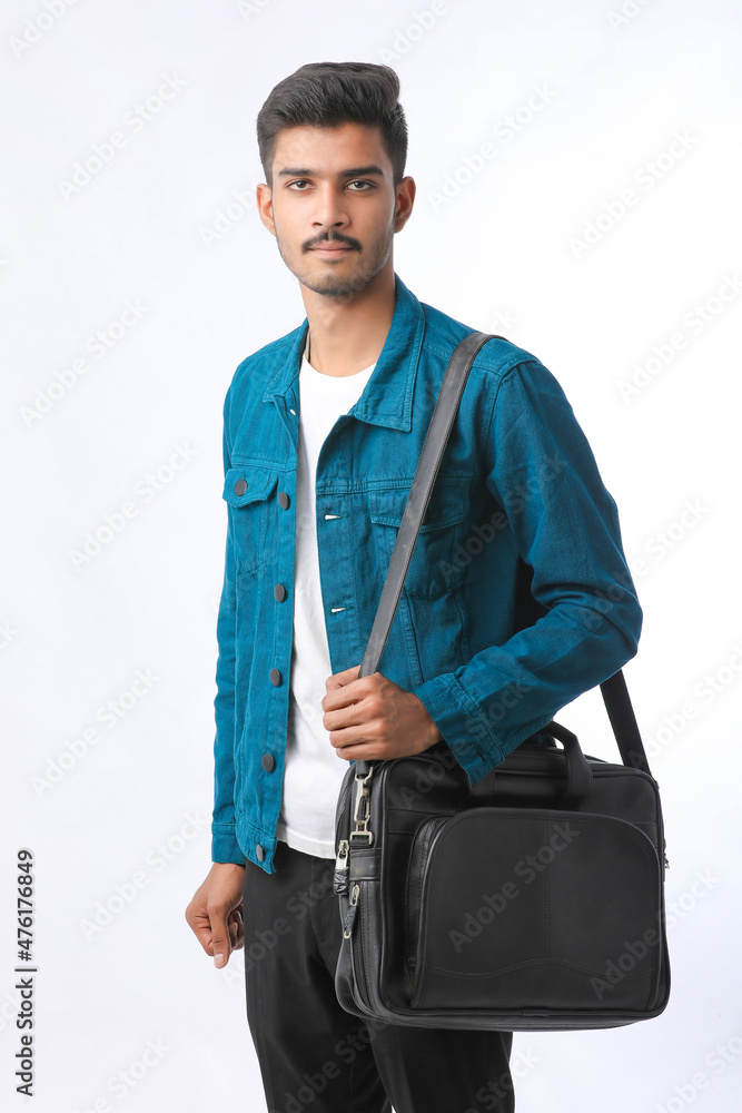 young man with laptop bag on white background young man with laptop bag on white background