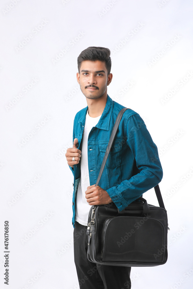 young man with laptop bag on white background young man with laptop bag on white background