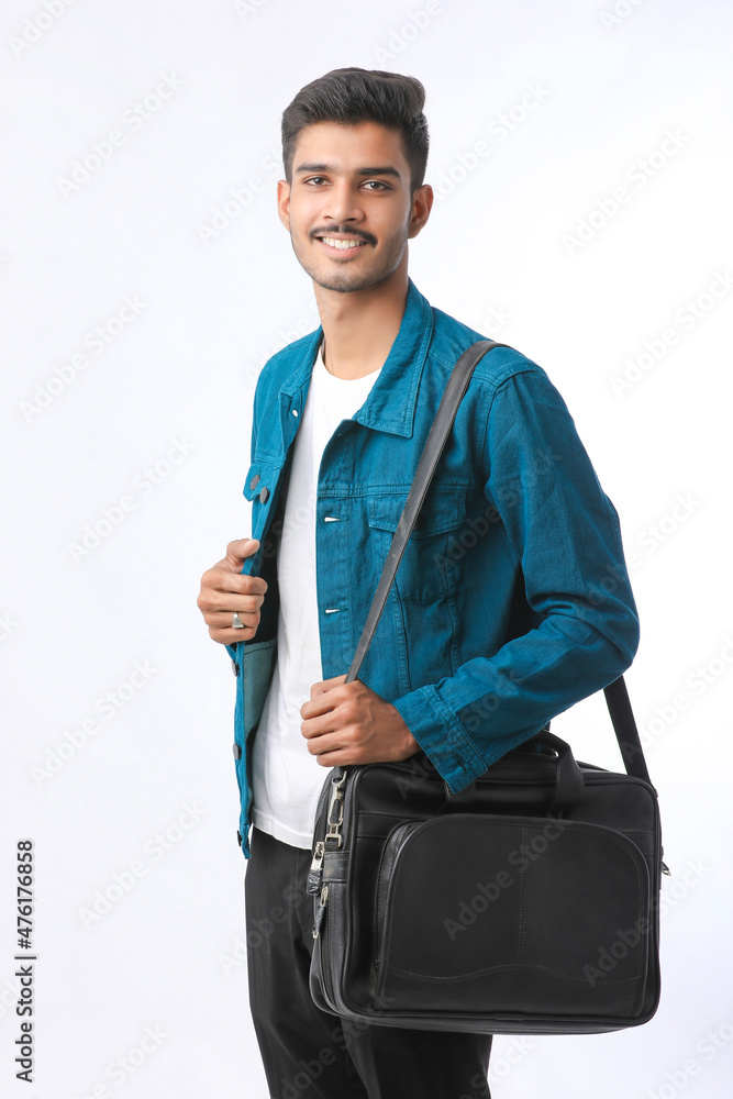 young man with laptop bag on white background young man with laptop bag on white background