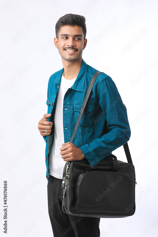 young man with laptop bag on white background young man with laptop bag on white background