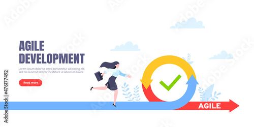 Agile development methodology business concept flat style design vector illustration isolated on white background. Agile life cycle for software development diagram. Business person run into project.
