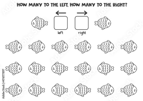 Left or right with cute cartoon fish. Logical worksheet for preschoolers.