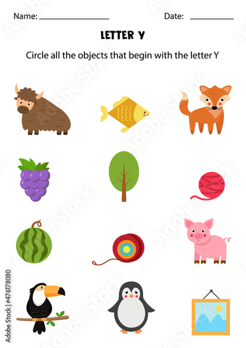 Letter recognition for kids. Circle all objects that start with Y.