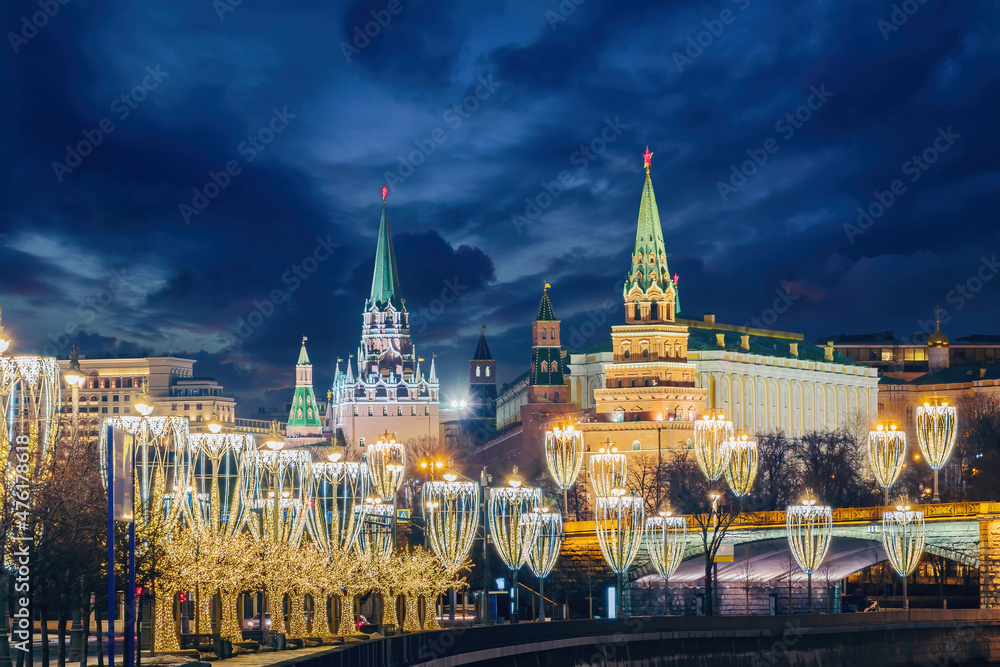 Christmas Moscow. New Year decorations on Moscow streets. Embankment in capital Russia. Russian city in Christmas illumination. Moscow Kremlin on winter night. Russian Federation tourism
