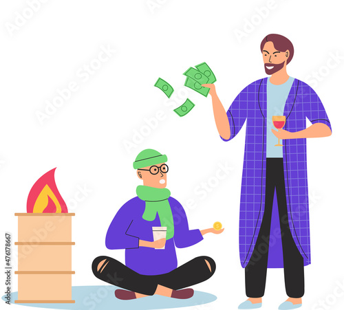 Rich and poor people cartoon men without money. Unemployed guy homeless beggar begging on street and successful businessman millionaire with dollar bills. Richness and poverty concept. Social distance