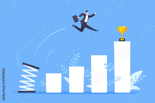 Springboard businessman high jump flat style design vector illustration concept. Business person jumps above career ladder. Success growth, motivation opportunity, boost career concept.