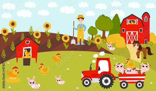 Fototapeta Naklejka Na Ścianę i Meble -  Farming poster with tractor with animals and farmer boy digging, barn with horse, landscape with harvest