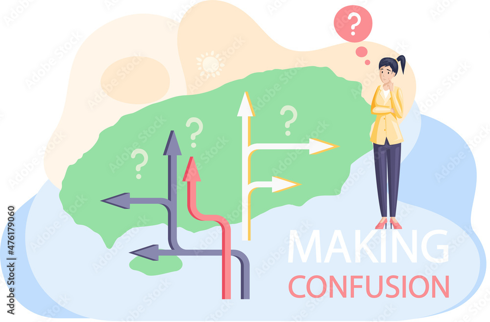 Making confusion. Young pensive woman making decision looking at question mark. Worried girl thinking about problem doing difficult choice deep in thought. Puzzled girl think about solution to matter Making confusion. Young pensive woman making decision looking at question mark. Worried girl thinking about problem doing difficult choice deep in thought. Puzzled girl think about solution to matter