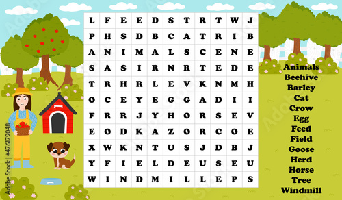 Farmer girl holding with basket with apples, printable worksheet with word search game for kids in cartoon style
