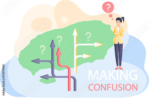 Making confusion. Young pensive woman making decision looking at question mark. Worried girl thinking about problem doing difficult choice deep in thought. Puzzled girl think about solution to matter