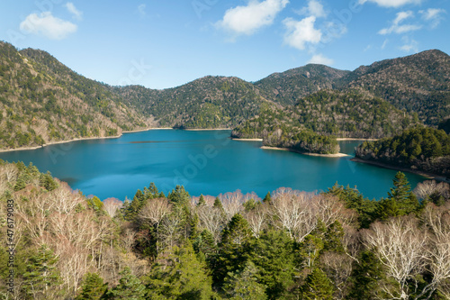自然林と青い水をたたえた美しい湖 ドローン空撮
