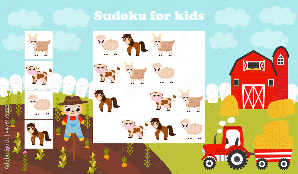 Colorful sudoku game for kids with scarecrow and harvest of carrrots, tractor with haystacks, barn and farm animals