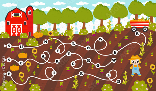 Colorful word maze for kids with english farming themed words in cartoon style with harvesting, farming, scarecrow