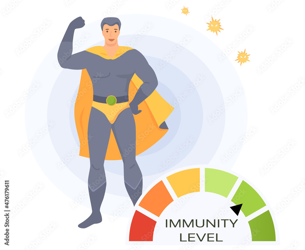 Man in super man costume and circular spectrum of level of immunity. Power of imunity to fight disease isolated vector. Battle winner superhero as symbol of human health. Hero demonstrates his power Man in super man costume and circular spectrum of level of immunity. Power of imunity to fight disease isolated vector. Battle winner superhero as symbol of human health. Hero demonstrates his power