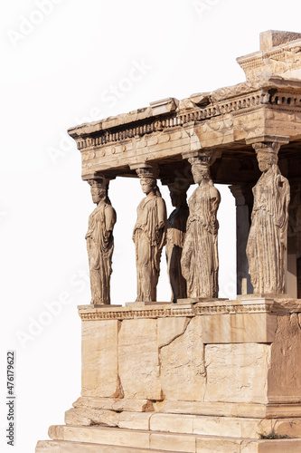 The Caryatid porch of the Erechtheion Temple on Acropolis (Athens, Greece). iconic masterpiece of ancient greek sculpture. Isolated on white background