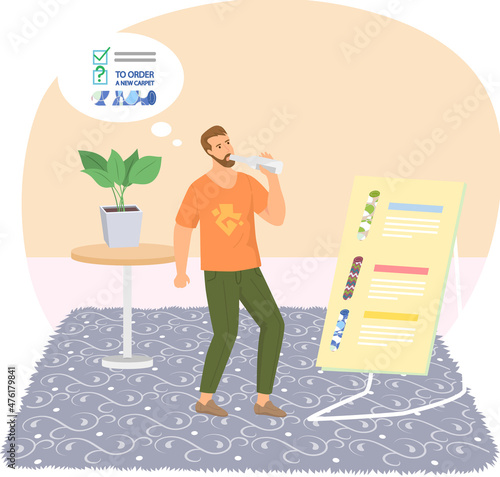 Young man drinking water from bottle, standing in living room on carpet. Daily hydration concept. Guy equips apartment, selects design for room, orders new rug. Floor mat with colorful patterns