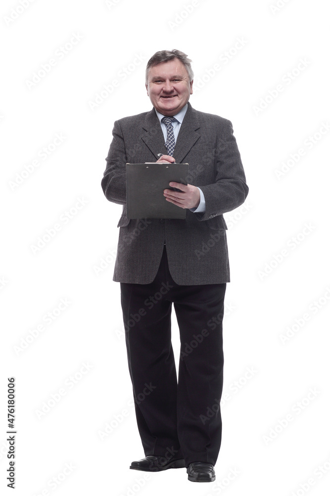 in full growth.friendly business man with clipboard . in full growth.friendly business man with clipboard .