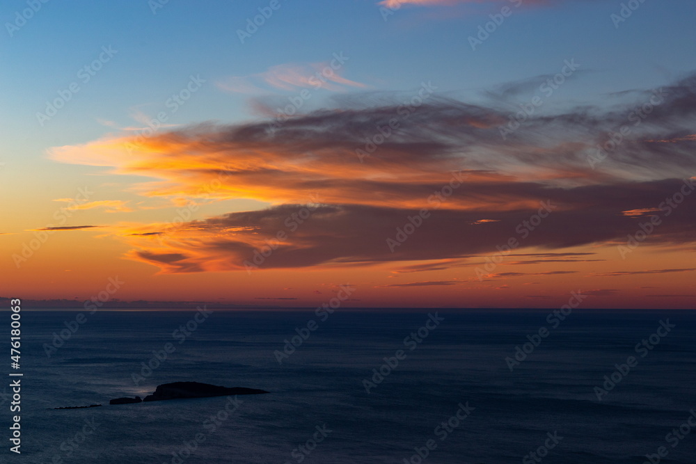 Sunset view from Croatians montains, to the Adriatic Sea with little islands.