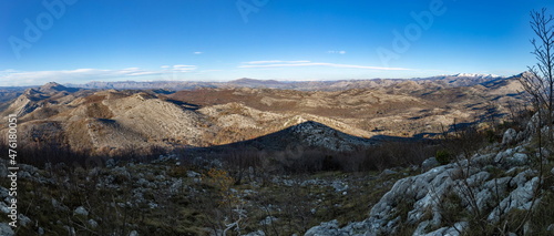 Panoramic photo of sunny winter day in Balkanian mountains. Croatia.