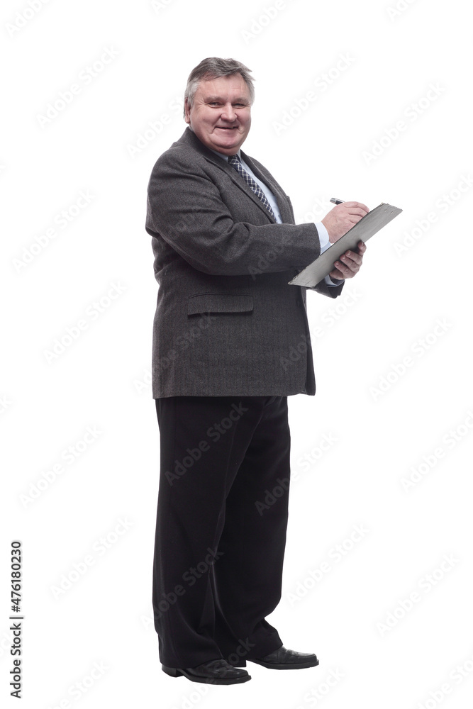 in full growth.friendly business man with clipboard . in full growth.friendly business man with clipboard .