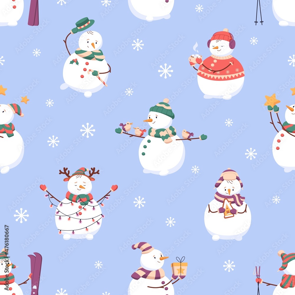Christmas snowmen pattern. Seamless winter background with repeating cute snow men and snowflakes print. Xmas texture design for wrapping and holiday decoration. Printable flat vector illustration Christmas snowmen pattern. Seamless winter background with repeating cute snow men and snowflakes print. Xmas texture design for wrapping and holiday decoration. Printable flat vector illustration