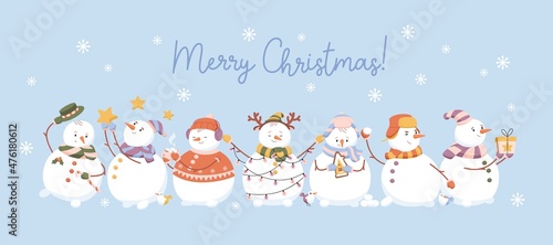 Merry Christmas banner with cute happy snowmen, snowflakes. Xmas background w...