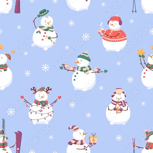 Christmas snowmen pattern. Seamless winter background with repeating cute snow men and snowflakes print. Xmas texture design for wrapping and holiday decoration. Printable flat vector illustration