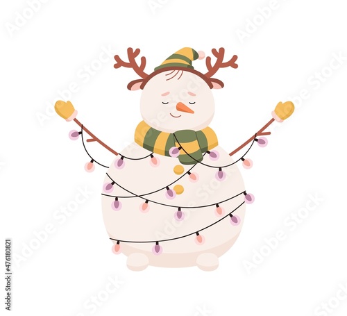 Cute Christmas snowman decorated with Xmas garland. Happy snow man in cap, scarf and reindeer headband. Kids winter character with carrot nose. Flat vector illustration isolated on white background