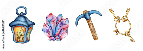 Watercolor painting set of pickaxe, lamp, crystal, bunch of keys. Working tools for the extraction of precious stones and metals. Dig it, mine, get it. Isolated over white background. Drawn by hand.