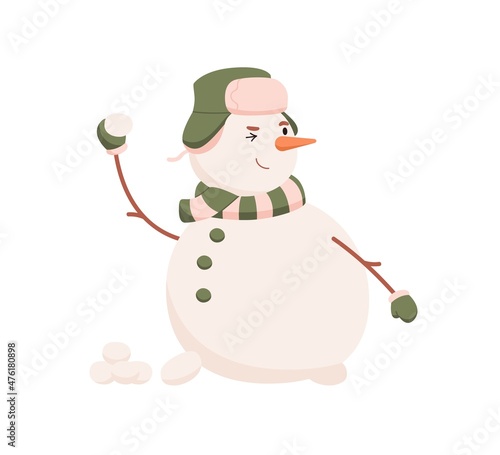 Cute snowman playing snowballs, winter game. Happy snow man throwing snowy balls. Cold frozen character in warm hat during wintertime activity. Flat vector illustration isolated on white background