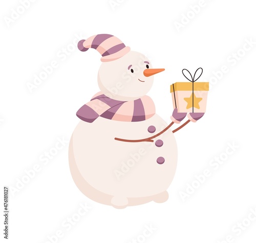 Cute snowman present Christmas gift. Happy snow man in cap and scarf with Xma...