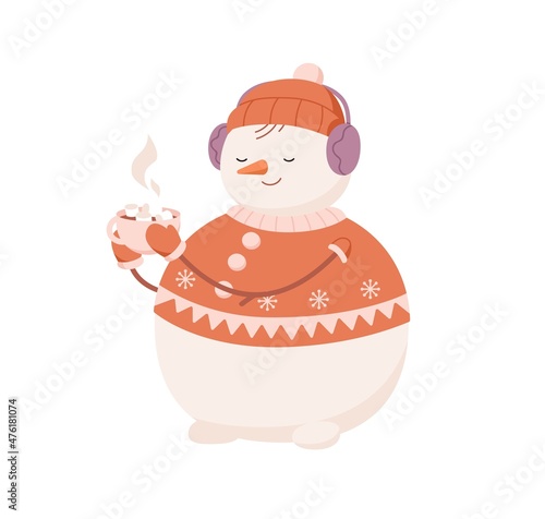 Cute snowman drinking hot cocoa, holding Christmas cup with marshmallows. Happy winter snow man in hat, sweater and ear muffs with mug in hands. Flat vector illustration isolated on white background