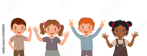 Cute happy children with different positive emotions, feelings, excited facial expressions, thumb up and waving hand gestures, success V sign ,self confidence, and optimistic body languages