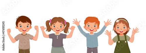 Group of happy kids with different positive emotions, feelings, excited facial expressions, waving thumb up hand gestures, such as success yes sign, self confidence, and optimistic body languages