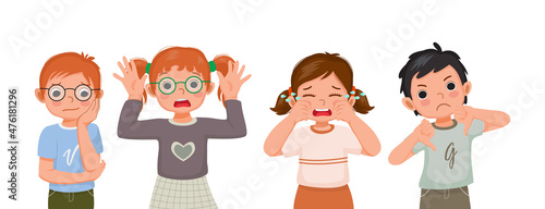 Group of children showing different negative emotions, feelings, facial expressions, hand gestures and body languages such as sad, bored, surprised, crying, thumb down. 