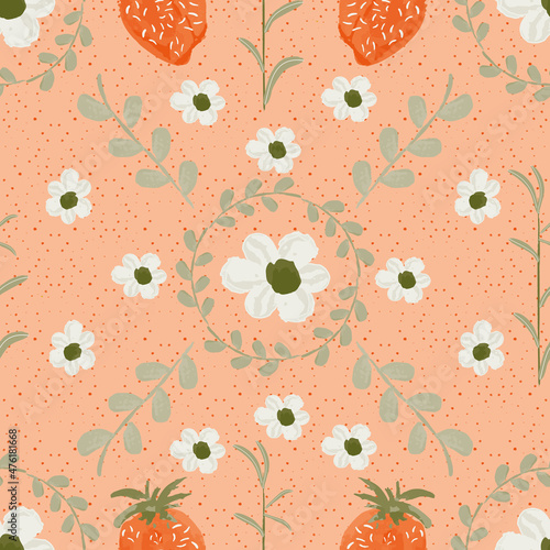 Smoothie strawberries and bloesem with texture seamless repeat pattern print background photo