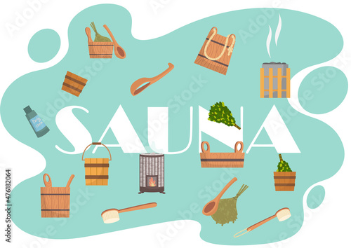 Sauna or SPA center banner template with bathhouse tools bucket, bath broom, soap, towels, thermometer, slippers. Cartoon vector for advertising. Accessories for relaxation in steam banya or hot sauna
