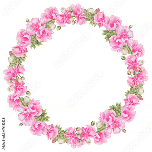 Watercolor wreath from realistic pink flowers. For card  wedding design.