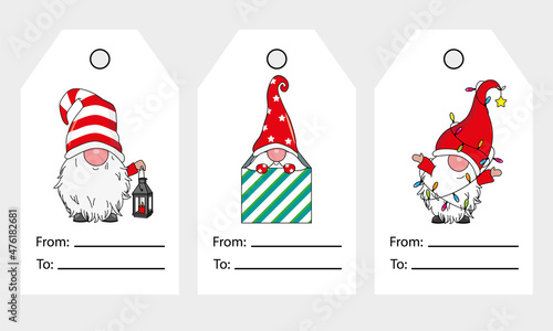 Christmas gnomes labels set. Isolated vector