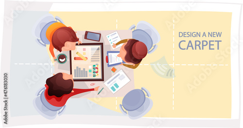 People interior designers working on design of new carpet, choosing template, meeting at table with tablet pc, select colors for interior design, commercial textile factory, team is working on rug