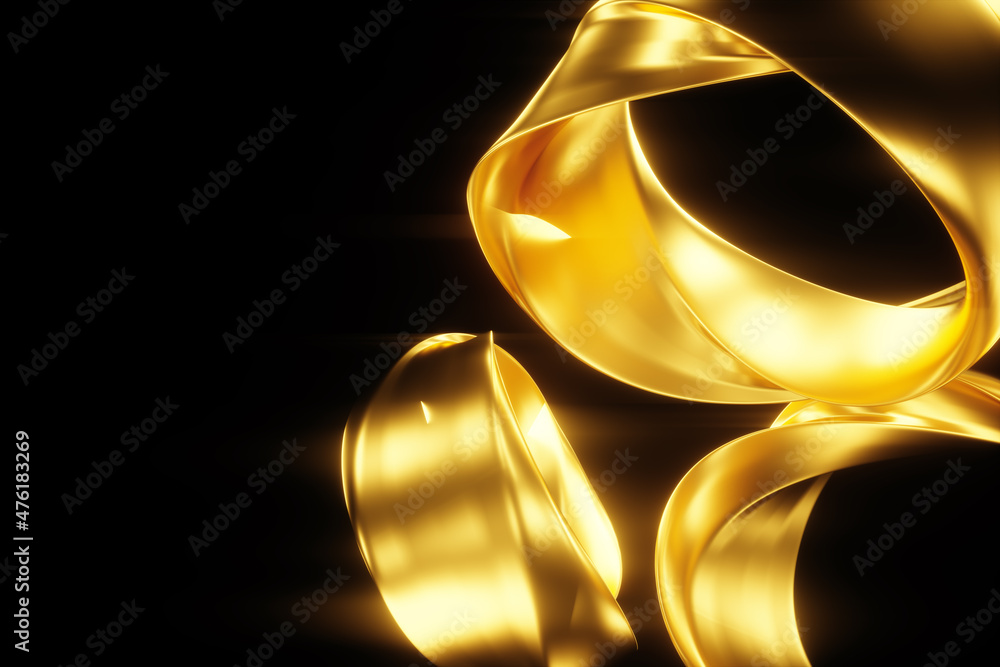 Dark gold background, abstract figure, luxurious golden shapes, on a black background. Gold waves, metal lines, elegant background, Geometric design. 3D render, 3D illustration