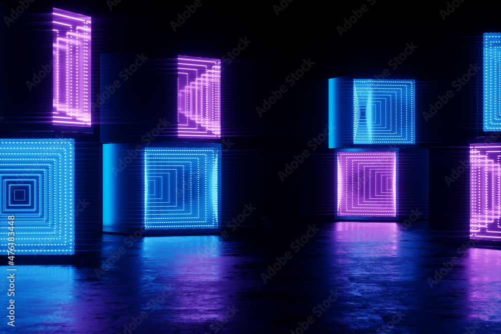 Abstract neon background blue purple neon. Modern design, trend interior, ultraviolet light, nightclub, luminous panels, stage decorations, corridor, tunnel. 3d render 3d illustration copy space. Abstract neon background blue purple neon. Modern design, trend interior, ultraviolet light, nightclub, luminous panels, stage decorations, corridor, tunnel. 3d render 3d illustration copy space.