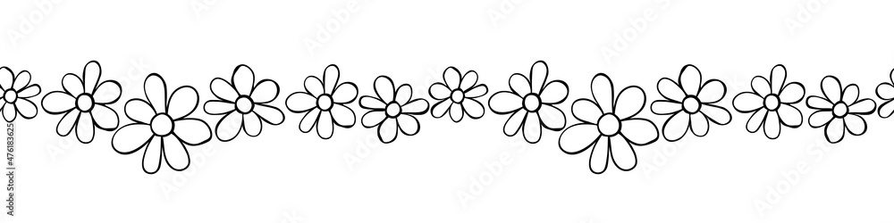 Vector edging, ribbon, border from outline small flowers. Nature, spring, summer seamless pattern, ornament, decorative element, decoration in doodle style Vector edging, ribbon, border from outline small flowers. Nature, spring, summer seamless pattern, ornament, decorative element, decoration in doodle style