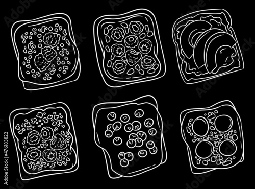 Sandwich chalkboard doodles set. Toast bread sandwiches with peanut butter, fruits and berries healthy comic style sketch images. Breakfast or lunch vegan food. Stock vegetarian food print