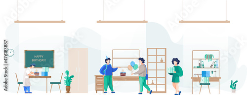 Birthday party in hospital, fun entertainment in medical office. Doctors organize holiday congratulate colleague. Interaction, entertainment at workplace. Team of medics giving gifts and cake