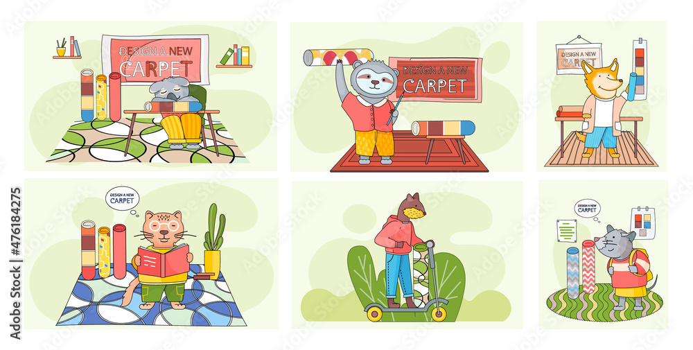 Design a new carpet. Cartoon character standing in childrens room with different rugs. Concept of choosing new carpet. Animal equips apartment, selects design for room and flooring, indoor decorating