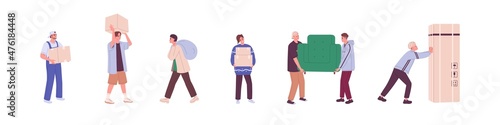 Loaders workers set. Couriers carrying and pushing cardboard boxes, parcels, bags and furniture. People delivering, loading and moving goods. Flat vector illustrations isolated on white background